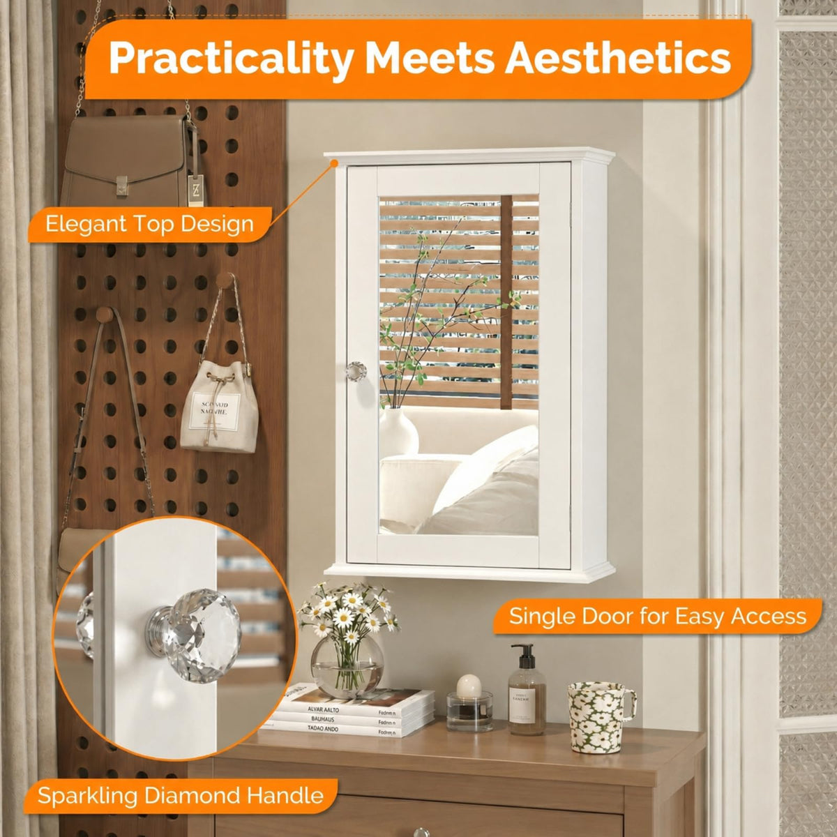 White Mirrored Medicine Cabinet with Single Door and 2 Adjustable Shelves P180009