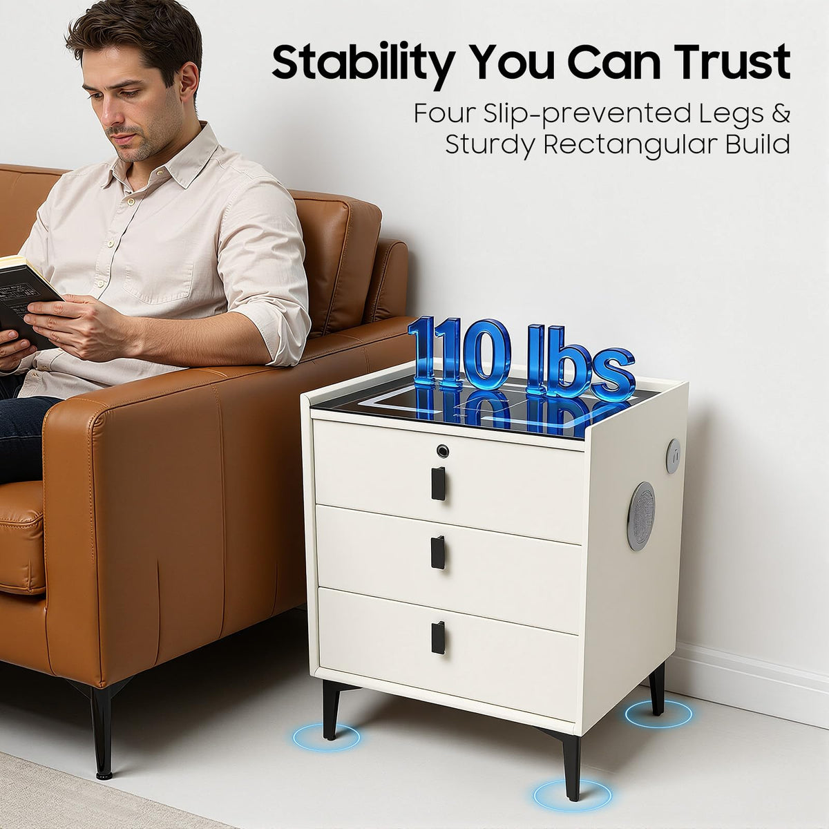 Beige White 3 Drawer Nightstand with Wireless Charging V802696