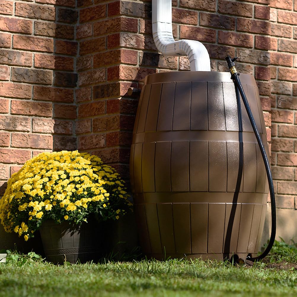 Brown 50 Gallon Flat-Back Rain Barrel with Spigots P360