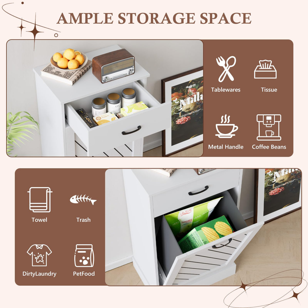 White 13 Gallon Tilt Out Wooden Trash Can Cabinet with Drawer Y895255
