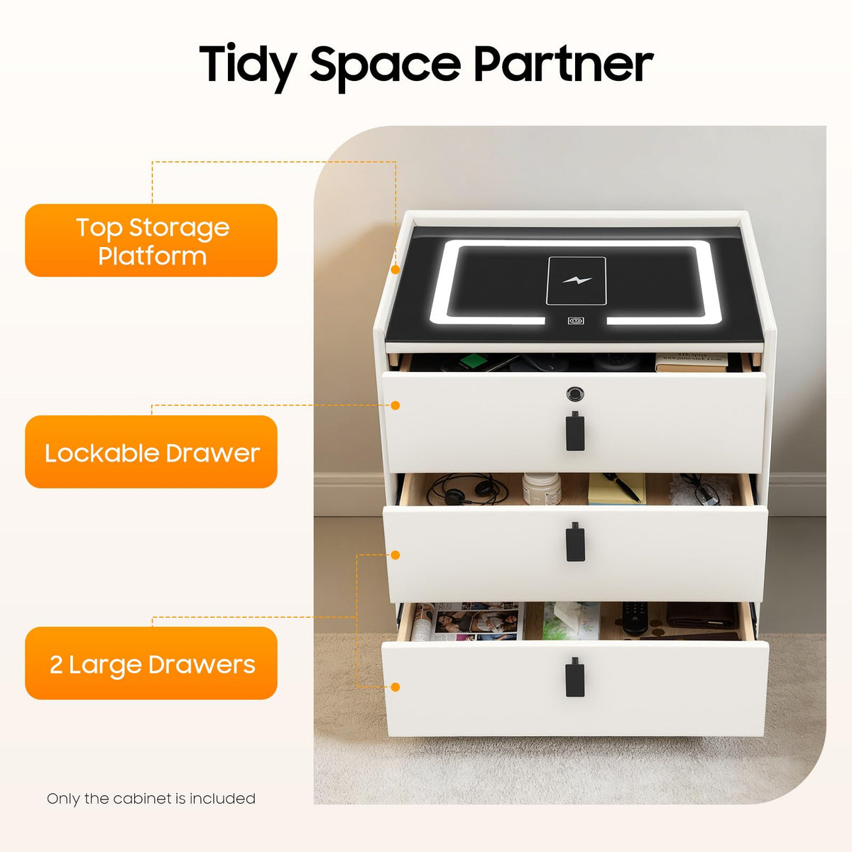 Beige White 3 Drawer Nightstand with Wireless Charging V802696