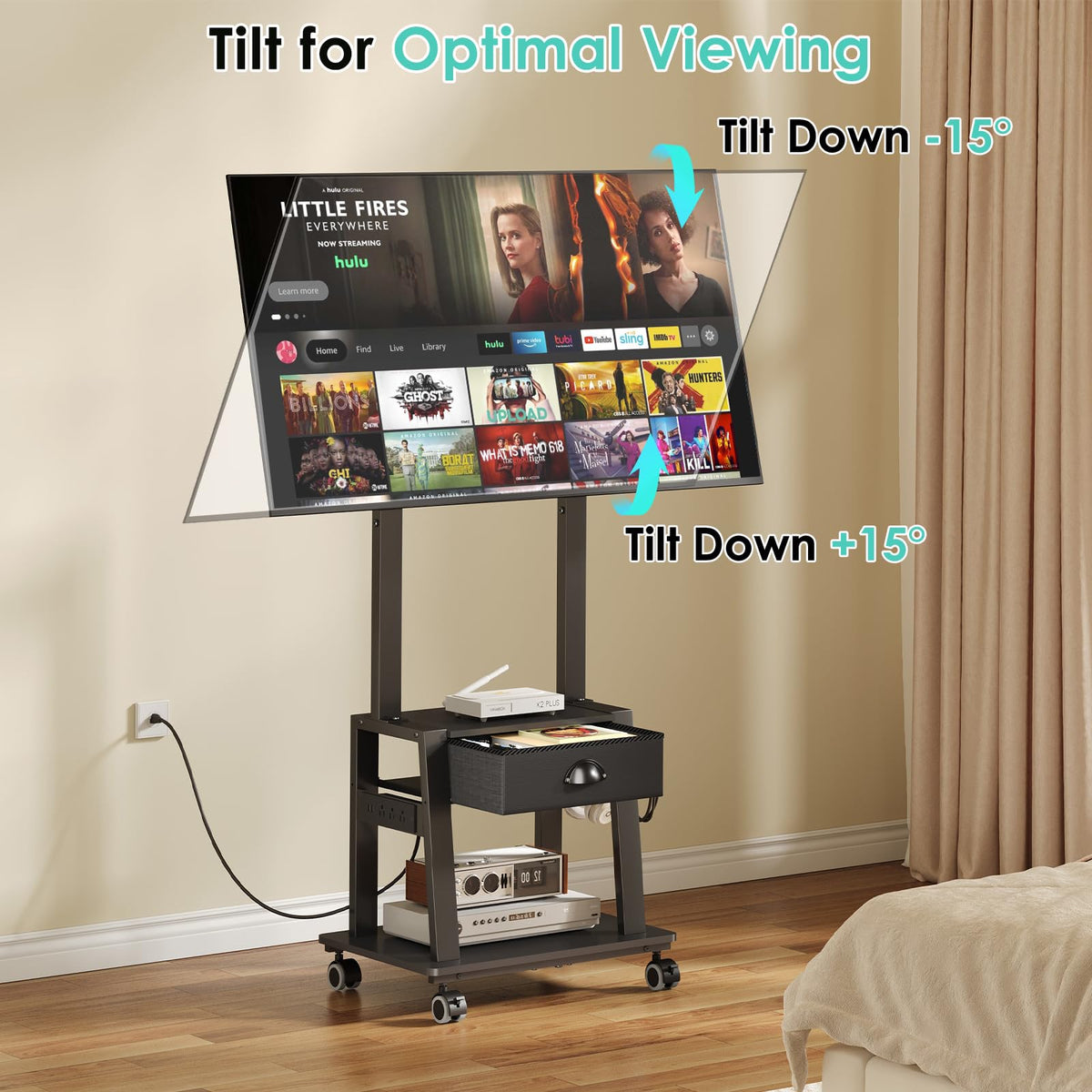 Rolling TV Stand with Power Outlet, Adjustable Height, for 23-60 inch Screens T11744