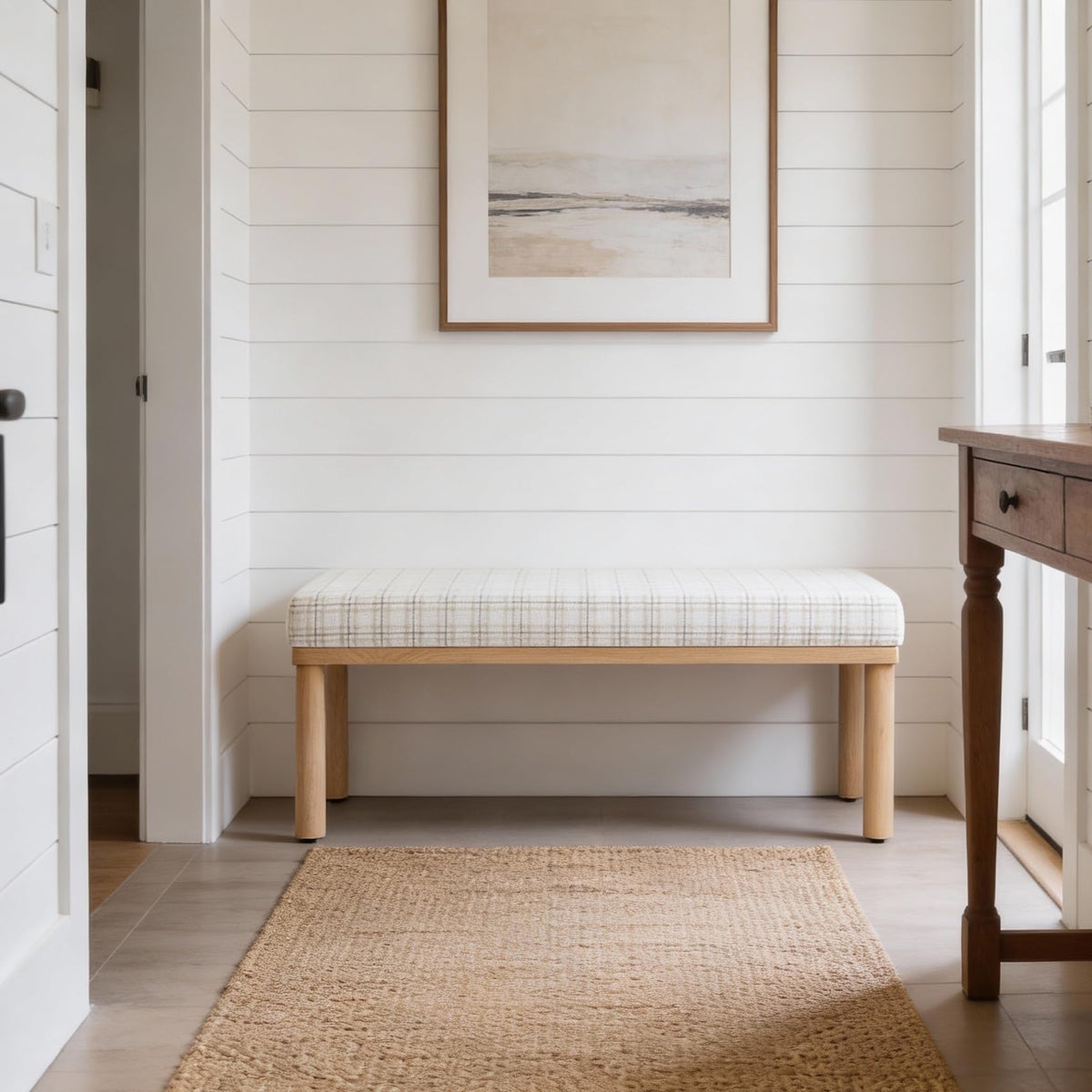 Natural Plaid Woven Fabric Bench F523