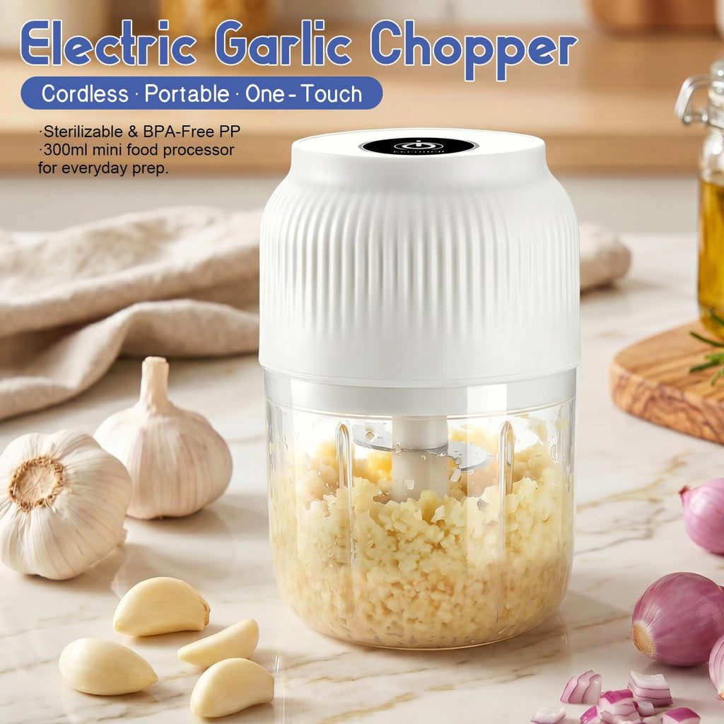 Electric Garlic Chopper, Mini Food Processor, Portable Cordless Garlic Mincer with 4 Stainless Steel Blades, Blue, 300ML Y677