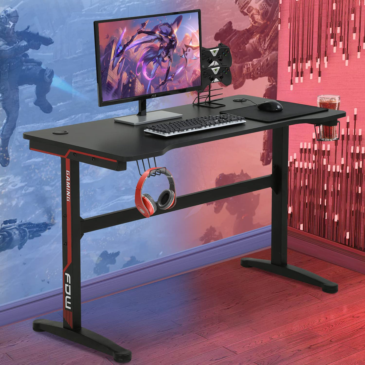 47 Inch T-Shaped Gaming Desk with Headphone Hook and Cup Holder R94628