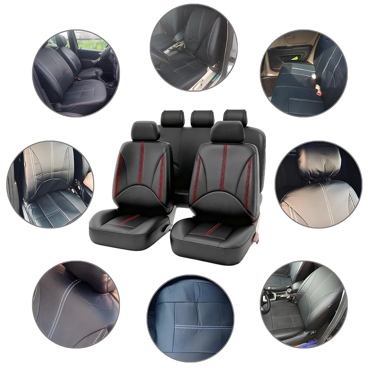Black Red Leather Car Seat Cover Full Set N2034