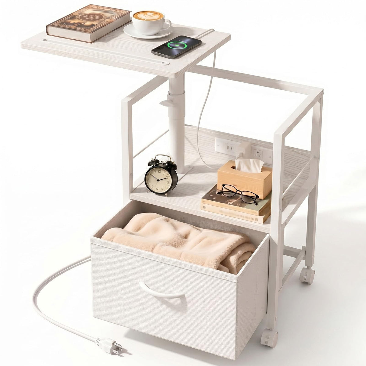 White Night Stand with Charging Station & Swivel Top T68994
