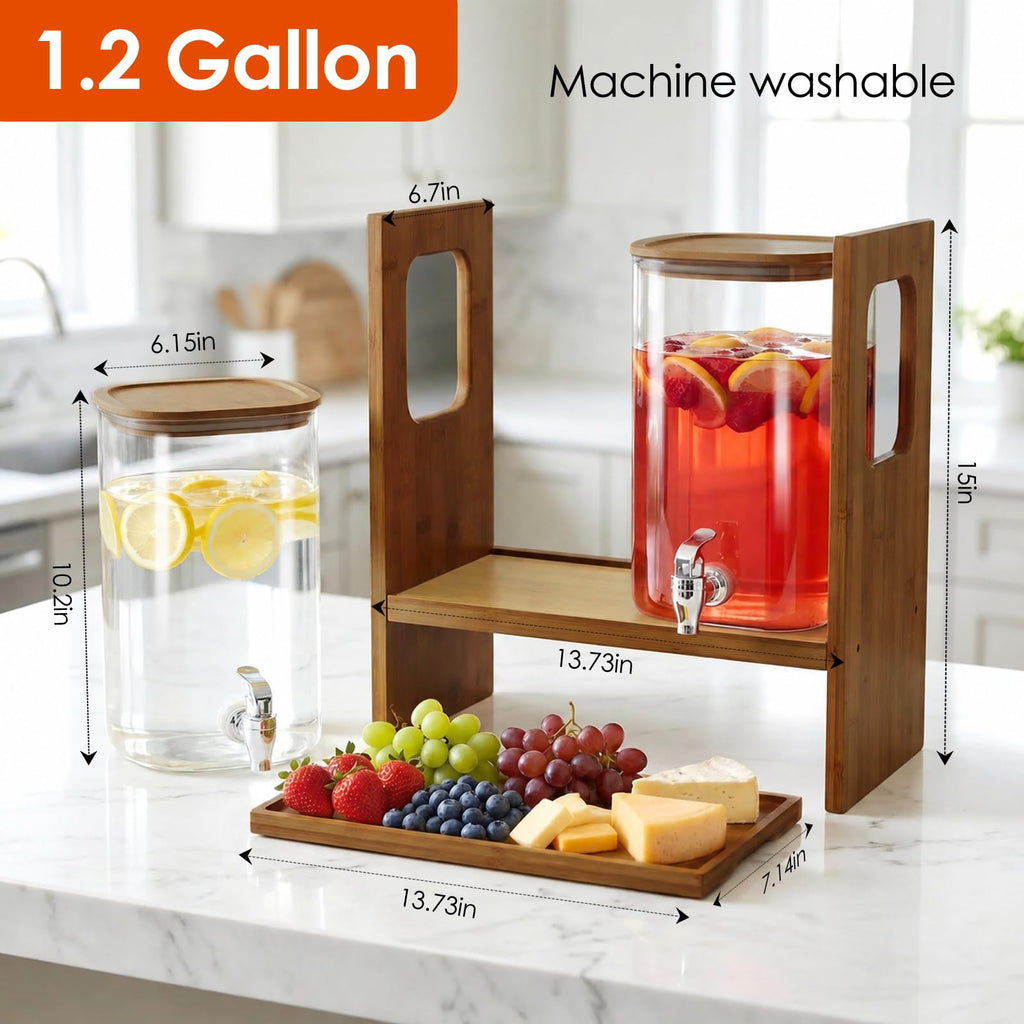 2 PCS 1.2 Gallon Glass Drink Dispenser with Stand and Serving Tray T4056