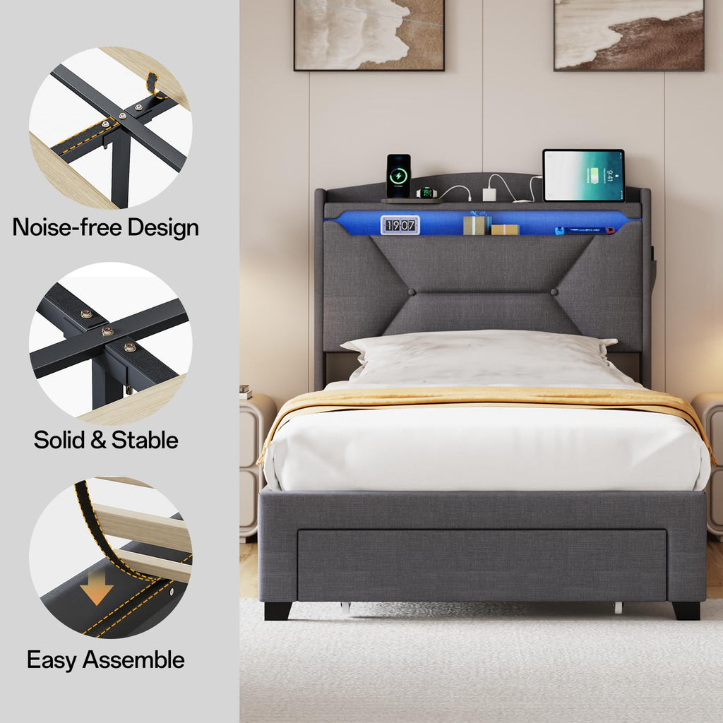 Twin Size Upholstered Bed Frame with Storage Headboard and Drawers Z698006