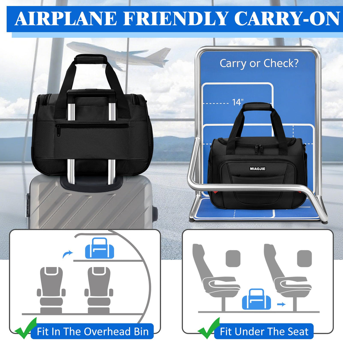 16 IN Black Underseat Carry On Luggage Bag T9174