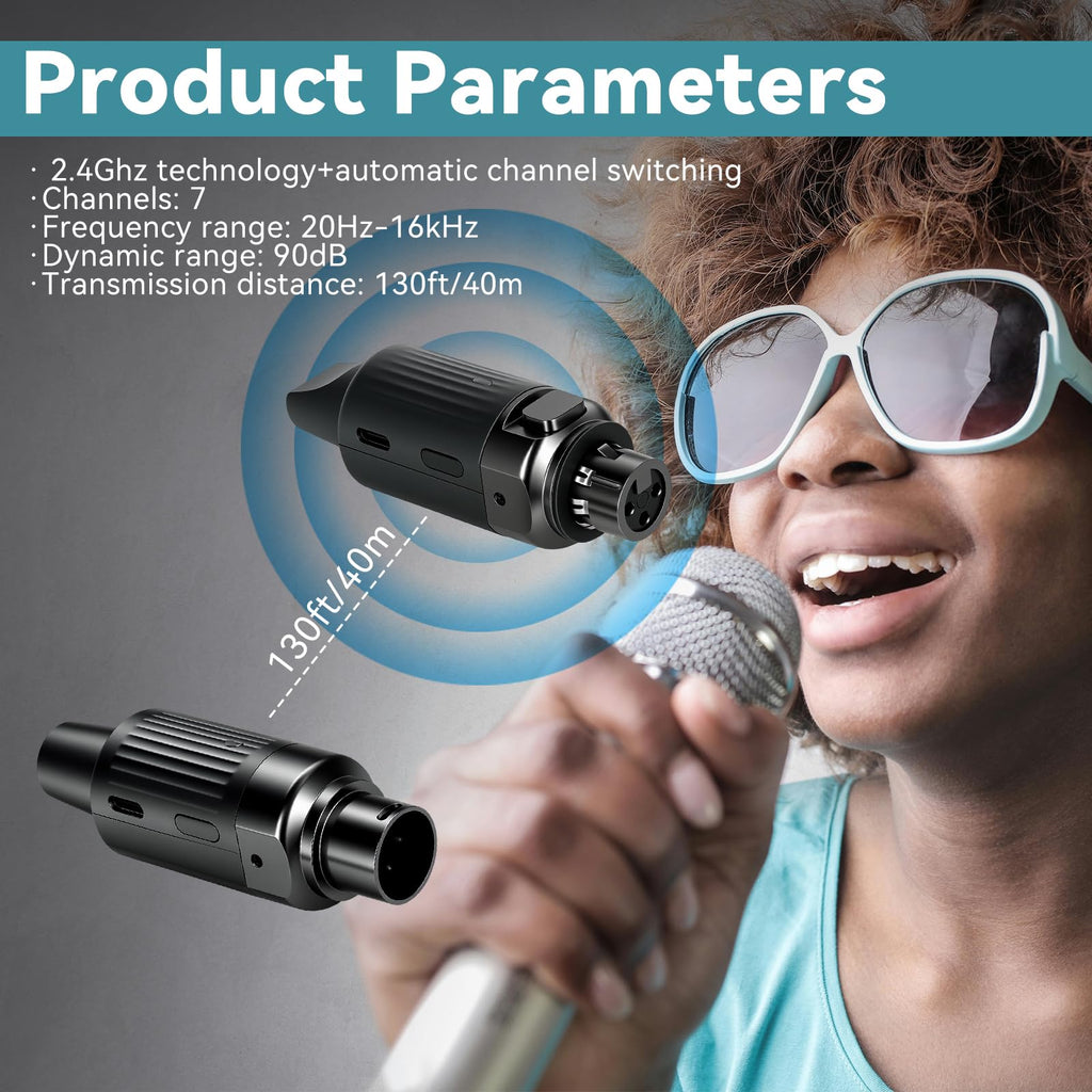 Wireless XLR Transmitter and Receiver for Microphones, 7-Channels 130ft Range, 2.4GHz Auto-Sync, Black P28948