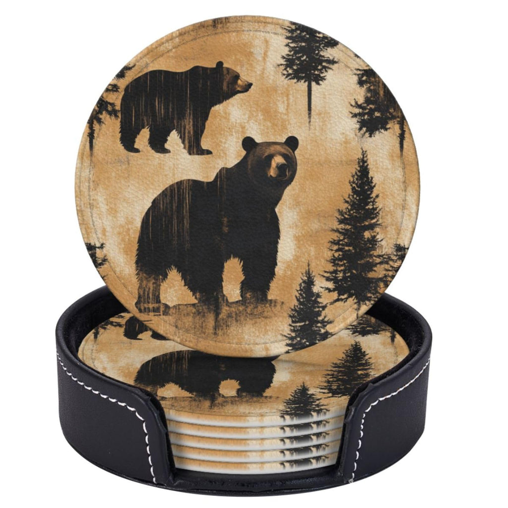 Black Leather Coasters with Holder Q737
