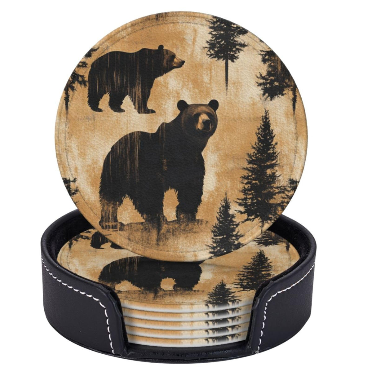 Black Leather Coasters with Holder Q737