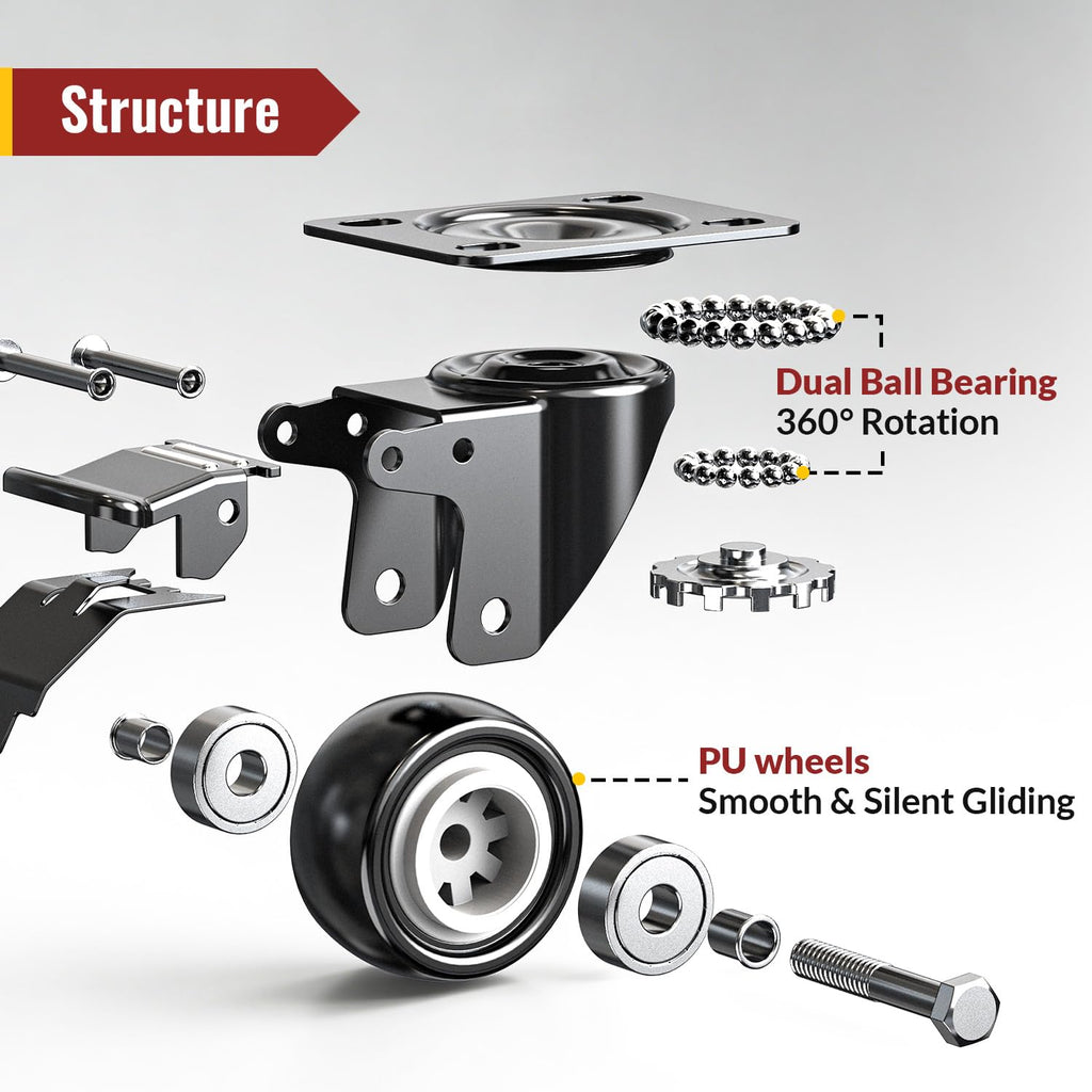 2 Inch Heavy Duty PU Caster Wheels, Set of 4 V215