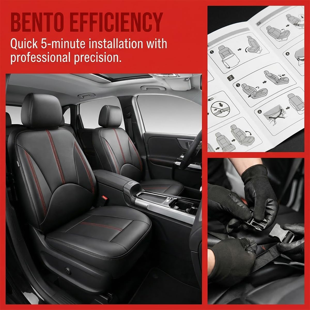 Black Red Leather Car Seat Cover Full Set N2034