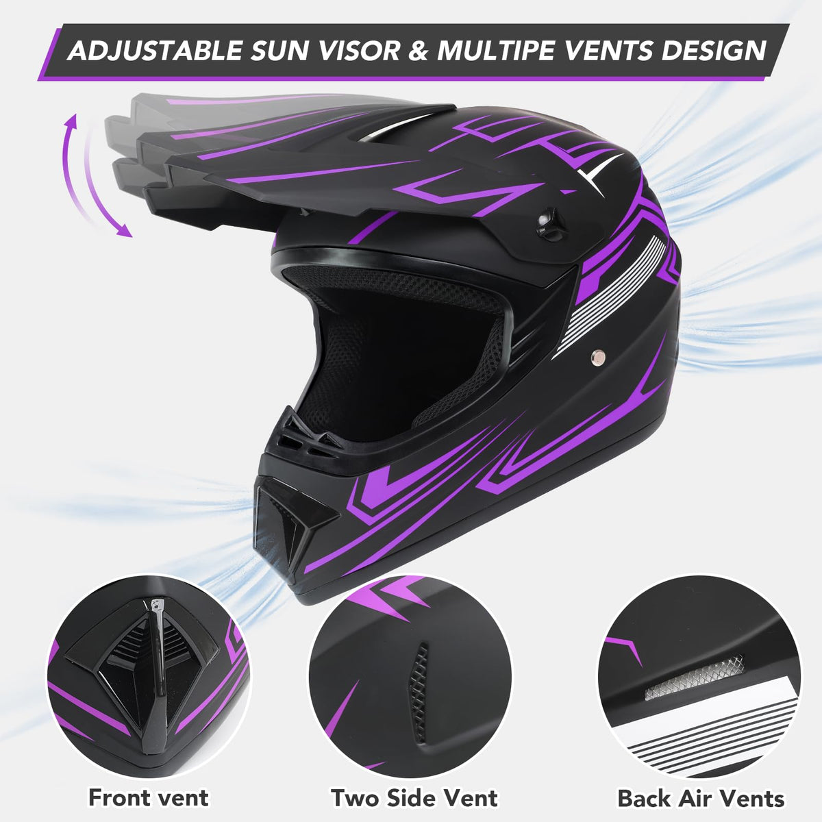 Kids Full Face Motocross Helmet 4-Pcs Set DOT Approved Purple X-Large B428