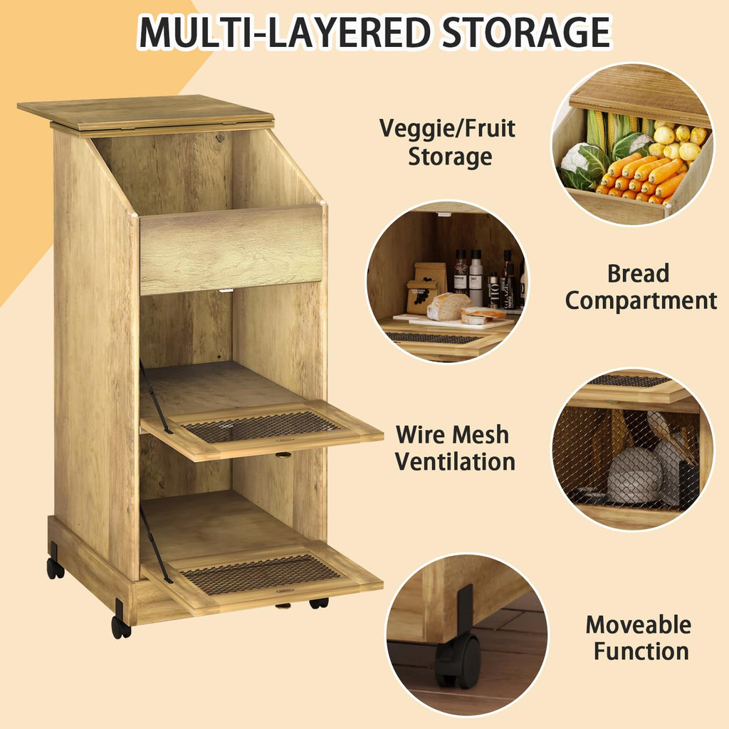 3 Tier Wooden Potato and Onion Storage Bin with Wheels A229345