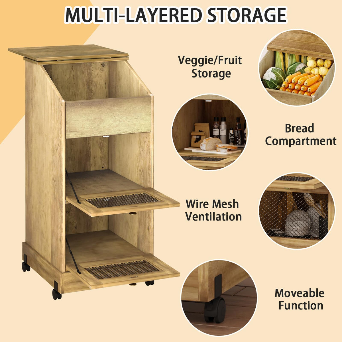 3 Tier Wooden Potato and Onion Storage Bin with Wheels A229345