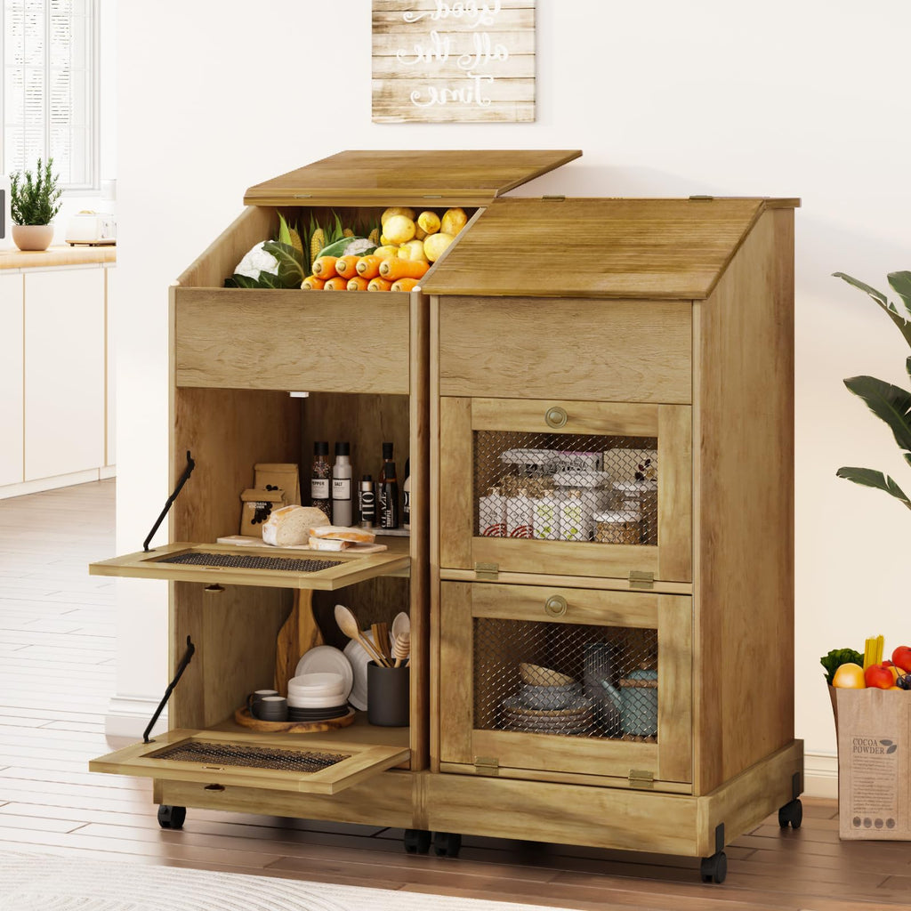 3 Tier Wooden Potato and Onion Storage Bin with Wheels A229345