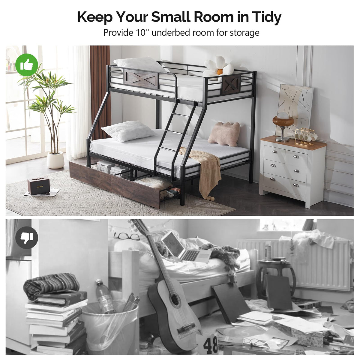 Twin Over Full Metal Bunk Bed with 2 Storage Drawers X4734