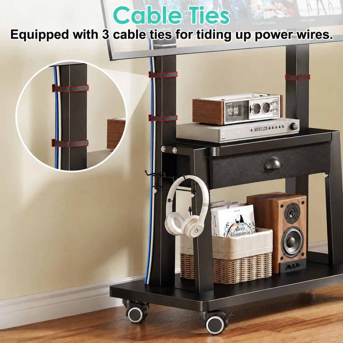 Rolling TV Stand with Power Outlet, Adjustable Height, for 23-60 inch Screens T11744