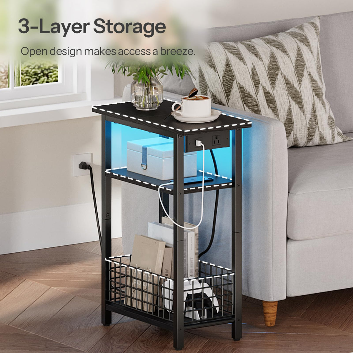 Narrow Side Table with Charging Station and LED Light X243996
