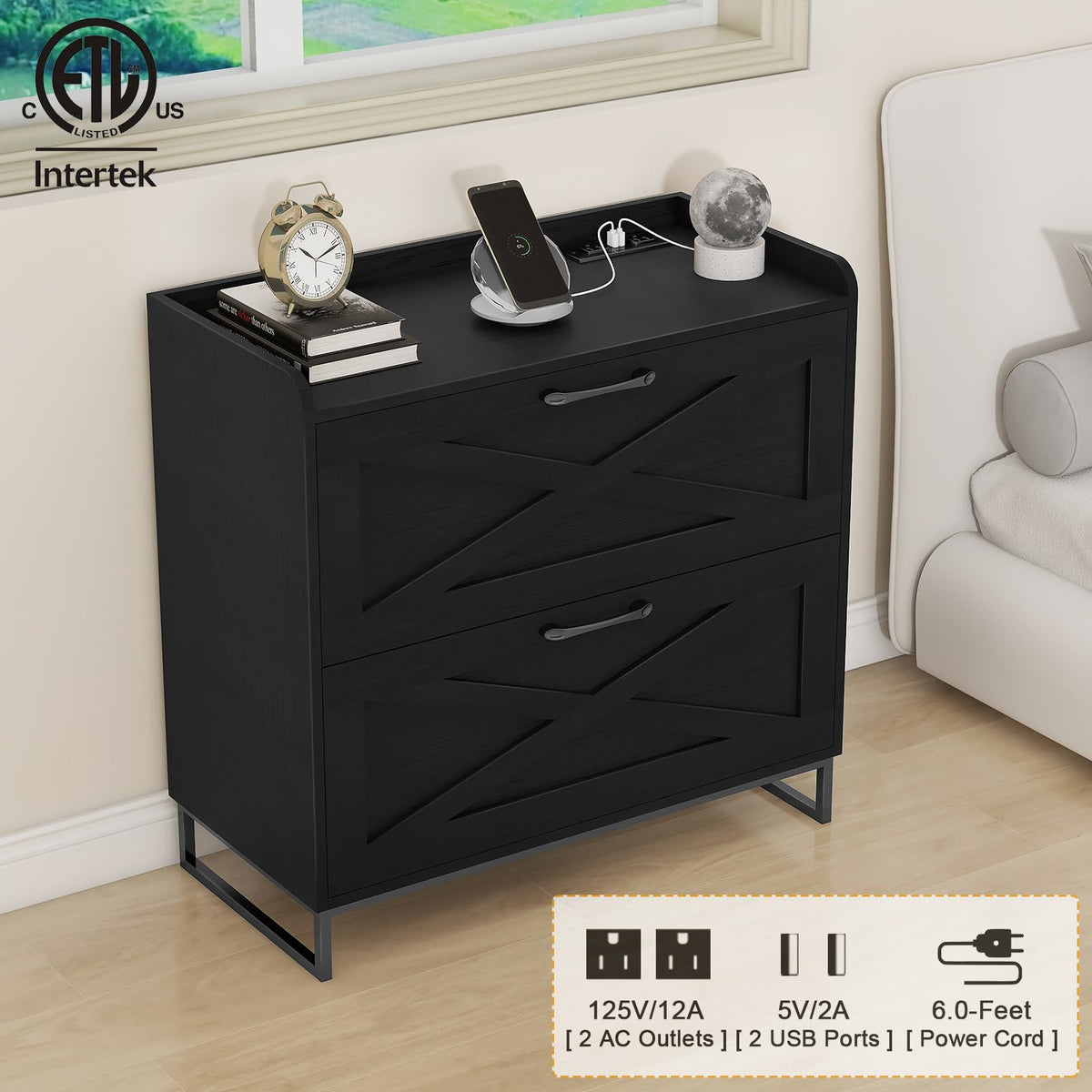 2 Drawer Black Lateral File Cabinet with Charging Station K550098