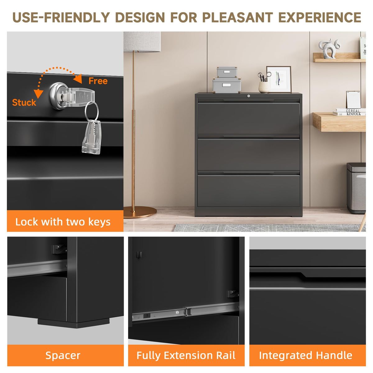Black 3 Drawer Lockable Metal Lateral File Cabinet S192604