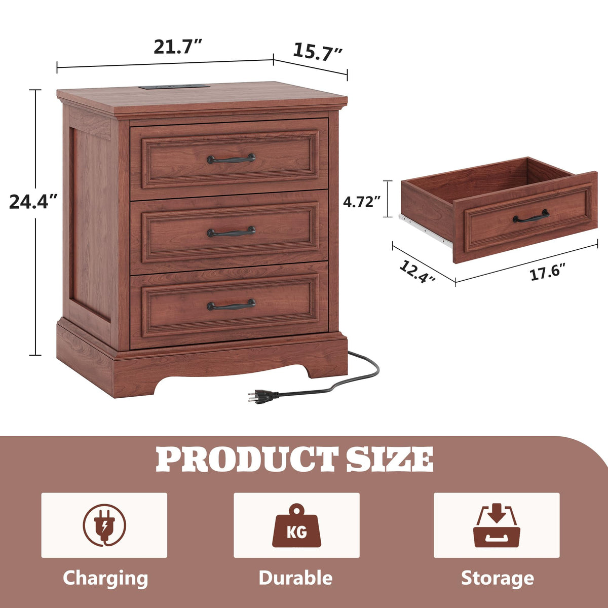 Cherry Brown 3 Drawer Nightstand with Charging Station K424