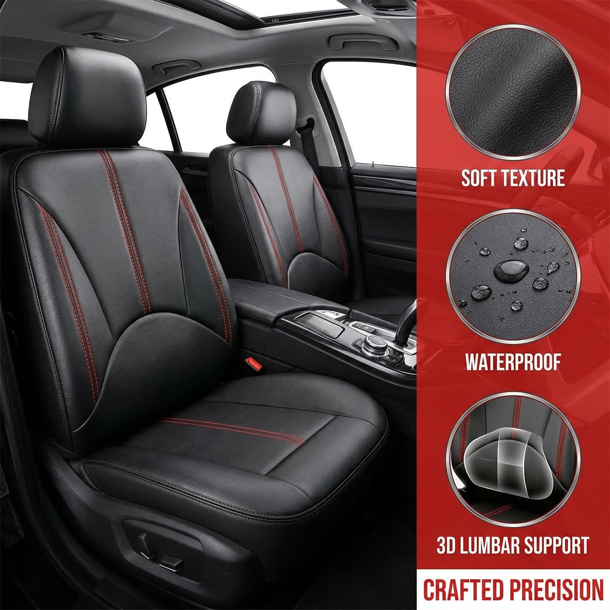 Black Red Leather Car Seat Cover Full Set N2034
