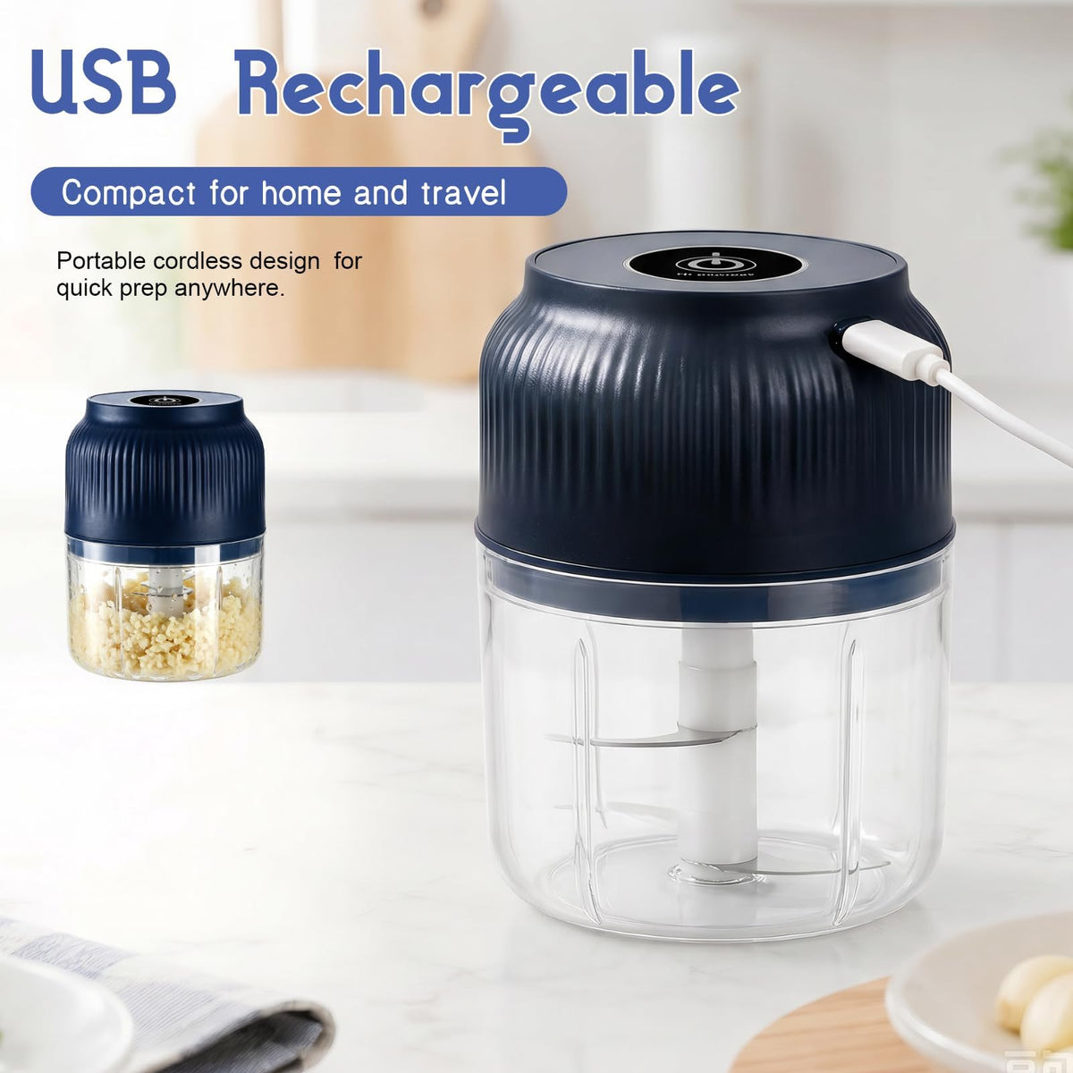 Electric Garlic Chopper, Mini Food Processor, Portable Cordless Garlic Mincer with 4 Stainless Steel Blades, Blue, 300ML Y677
