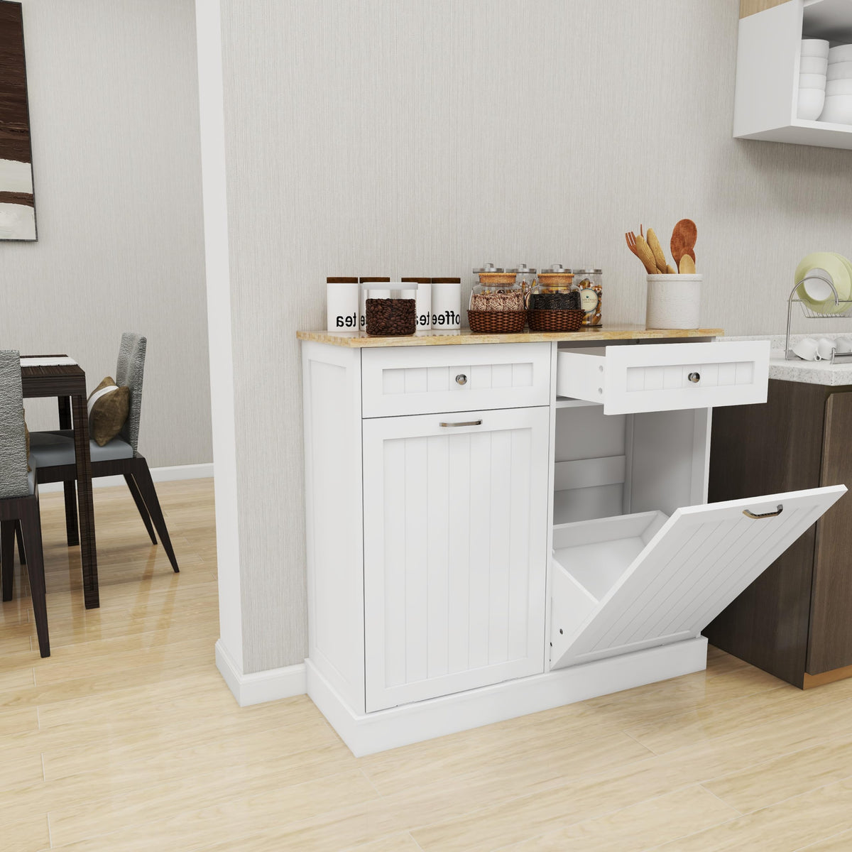 White Double Tilt Out Trash Cabinet with Drawers H76659