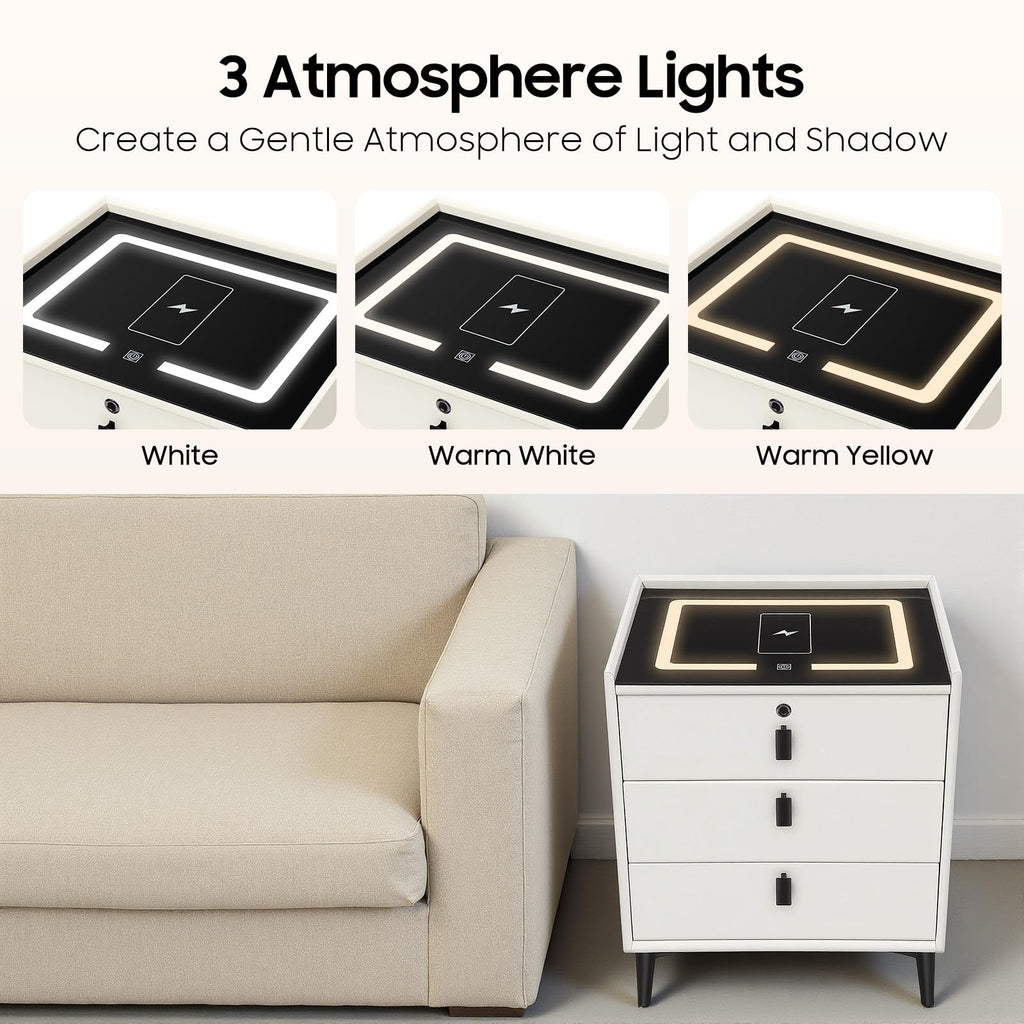 Beige White 3 Drawer Nightstand with Wireless Charging V802696