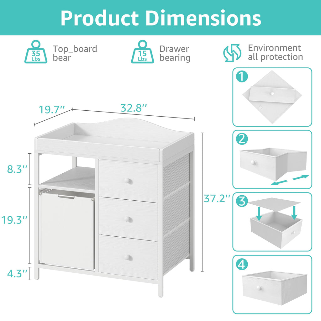 White Changing Table with 3 Fabric Drawers and Laundry Hamper G9502