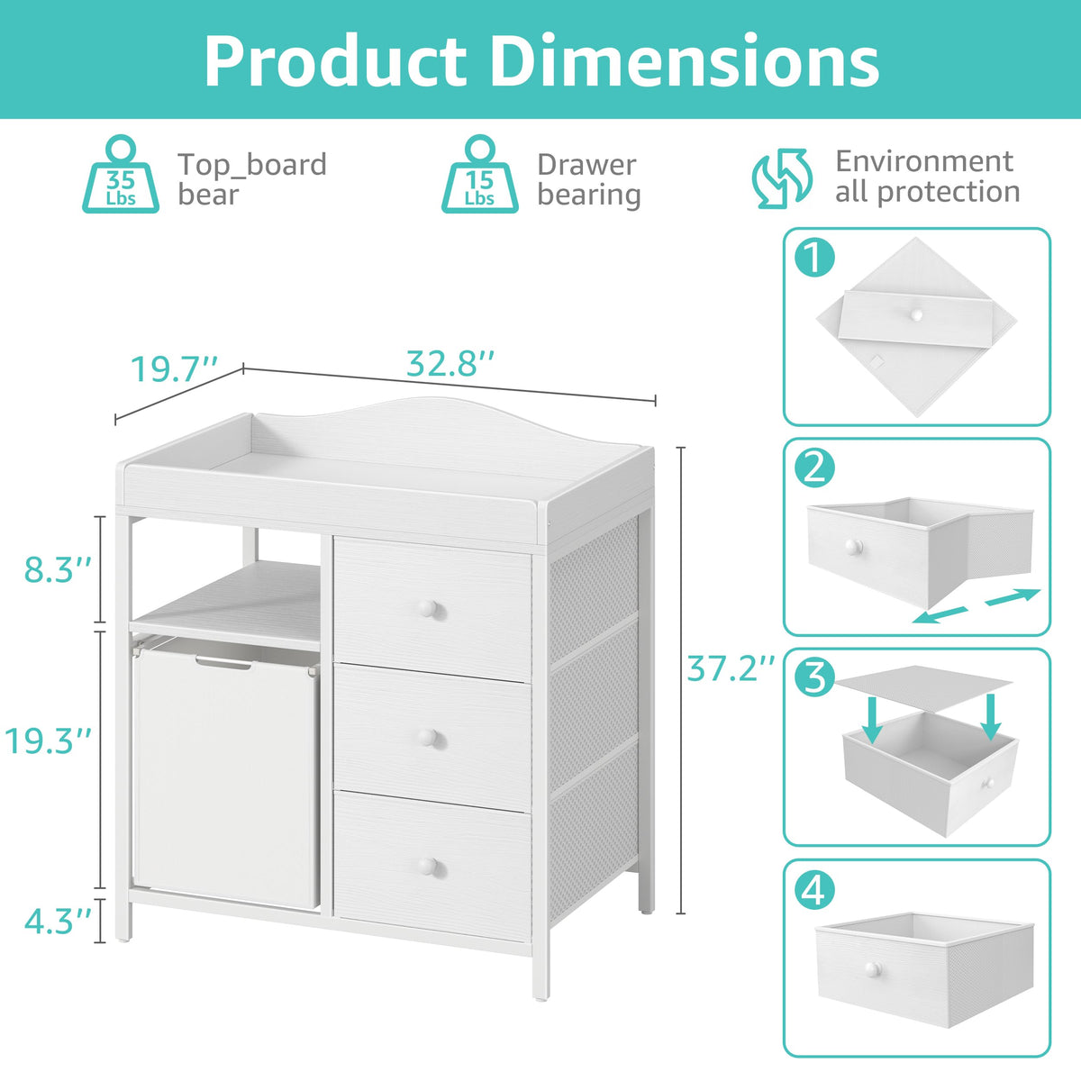 White Changing Table with 3 Fabric Drawers and Laundry Hamper G9502