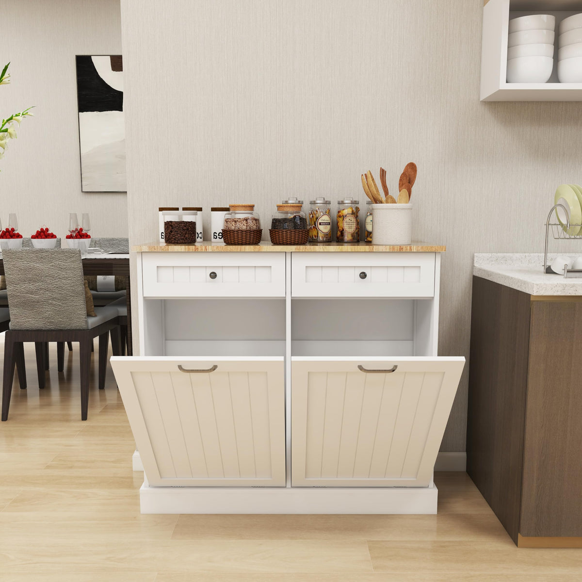 White Double Tilt Out Trash Cabinet with Drawers H76659
