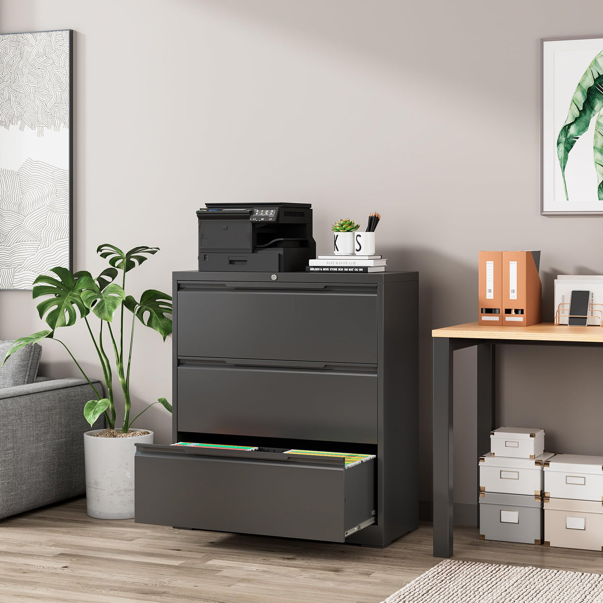 Black 3 Drawer Lockable Metal Lateral File Cabinet S192604