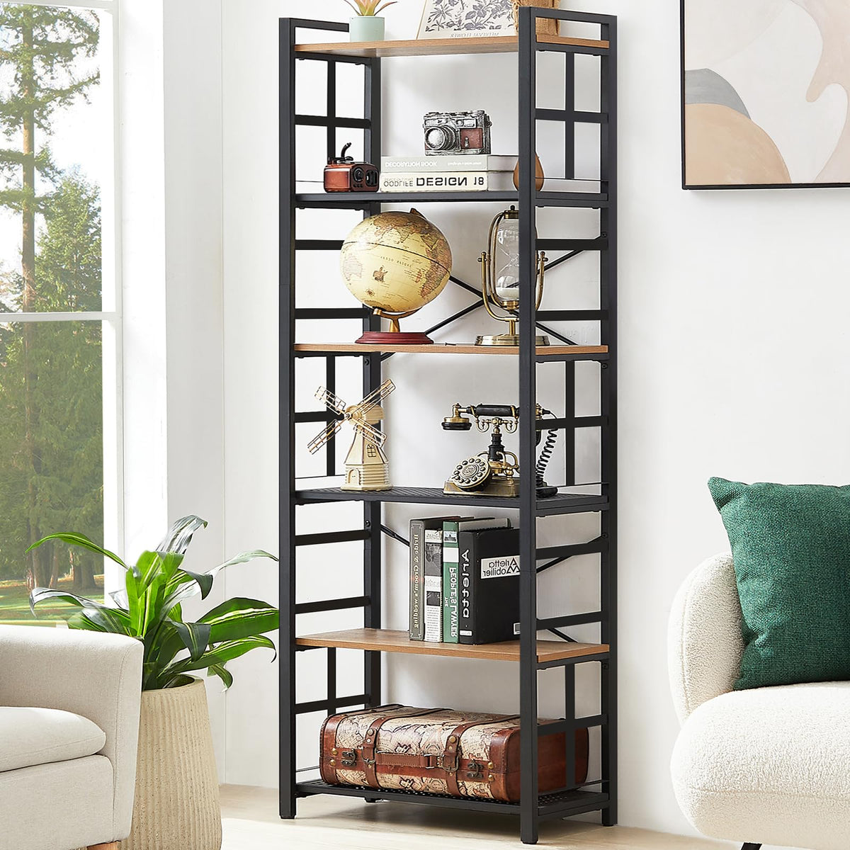 6 Tier 70 inch Tall Brown Bookshelf A205