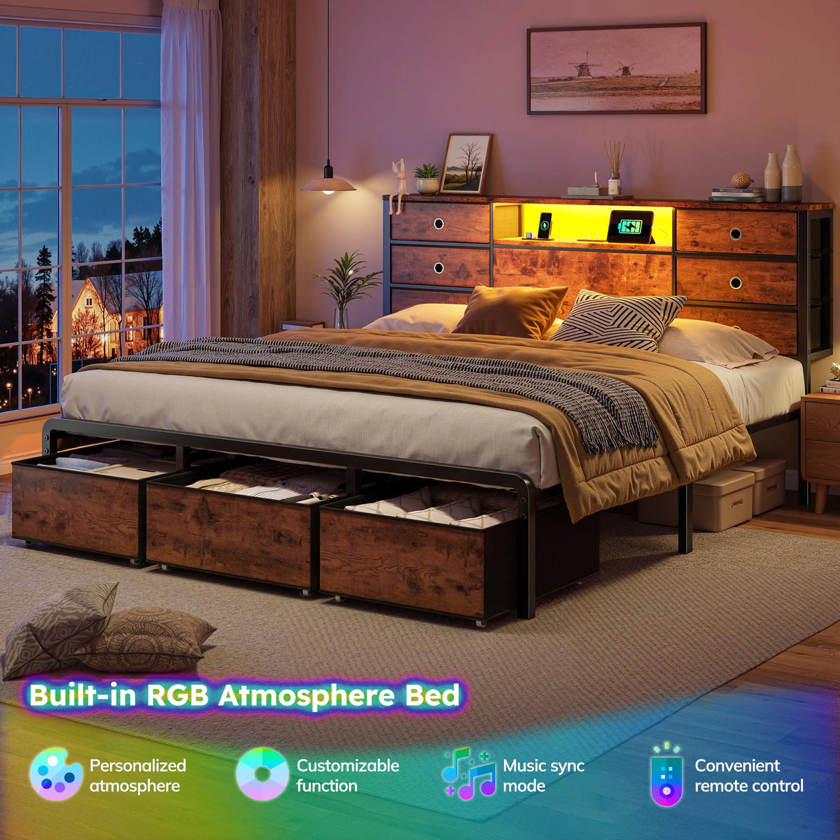 King Size Bed Frame with 9 Drawers and Charging Station S372112
