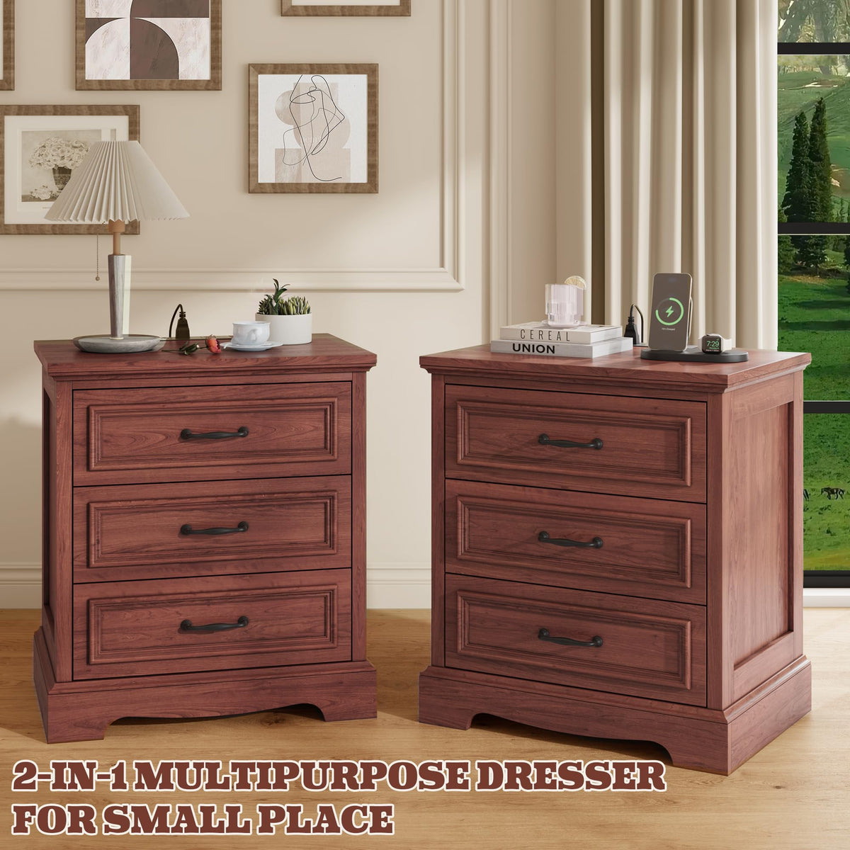 Cherry Brown 3 Drawer Nightstand with Charging Station K424