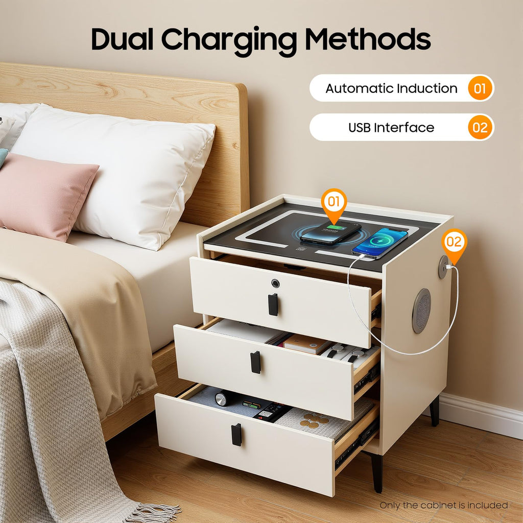 Beige White 3 Drawer Nightstand with Wireless Charging V802696