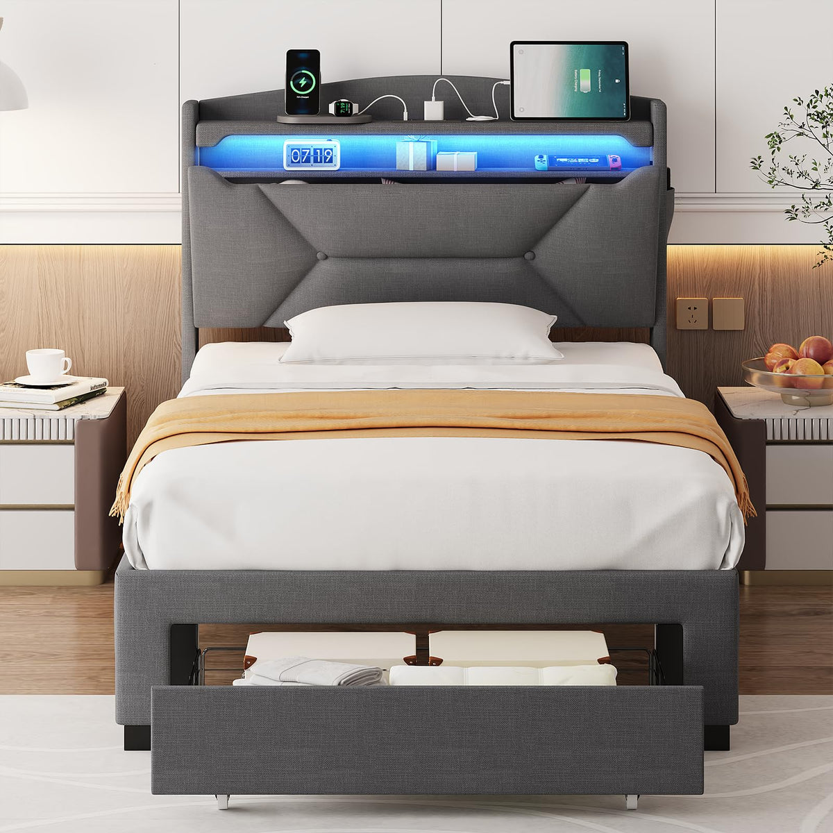 Twin Size Upholstered Bed Frame with Storage Headboard and Drawers Z698006
