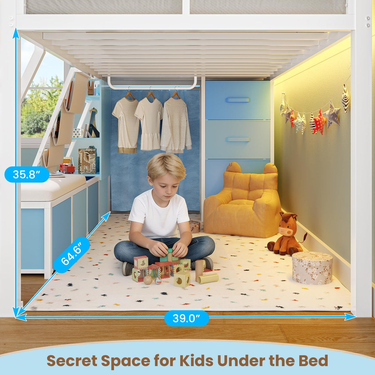 White & Blue Twin Loft Bed with 7 Storage Drawers J382