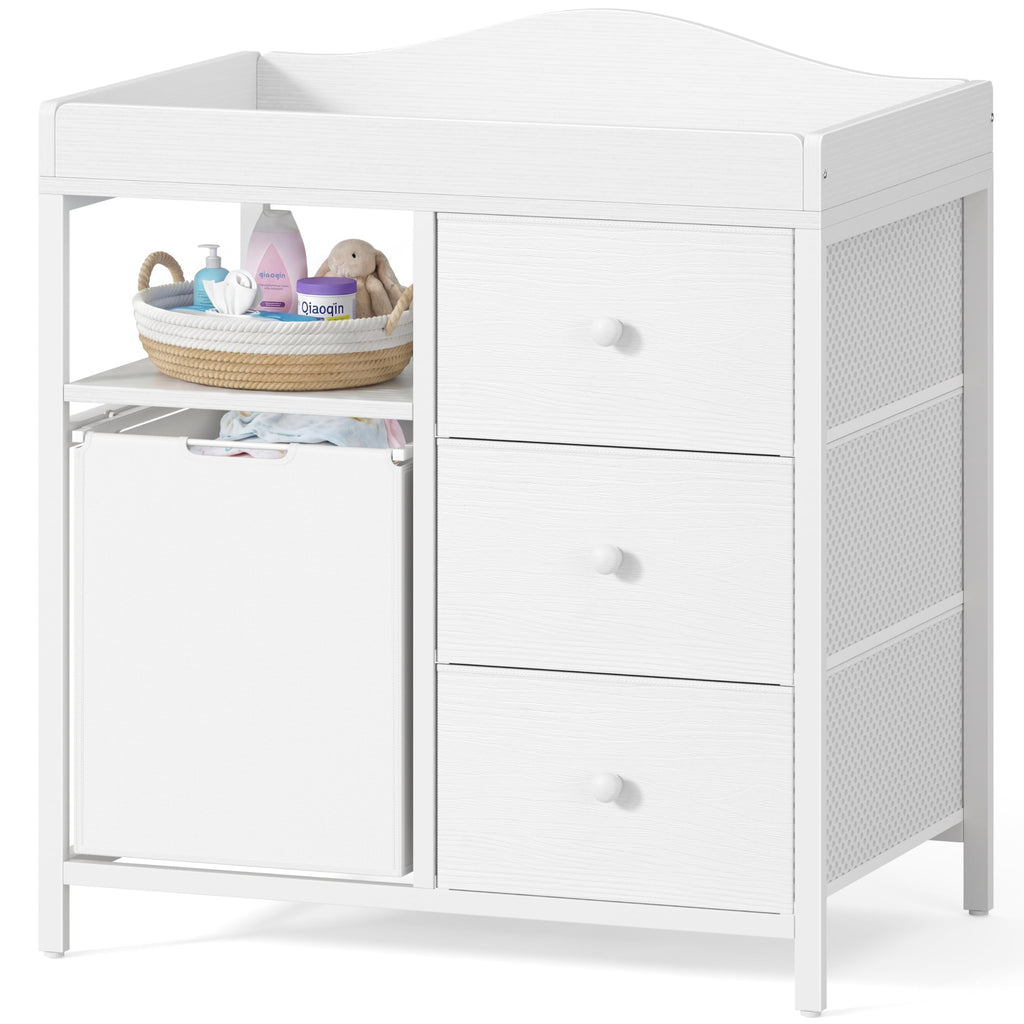 White Changing Table with 3 Fabric Drawers and Laundry Hamper G9502