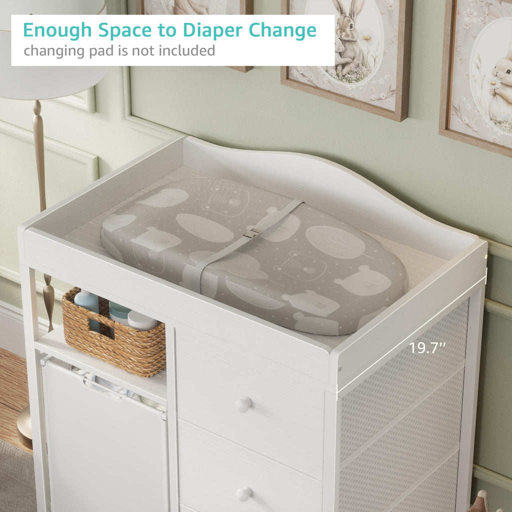 White Changing Table with 3 Fabric Drawers and Laundry Hamper G9502