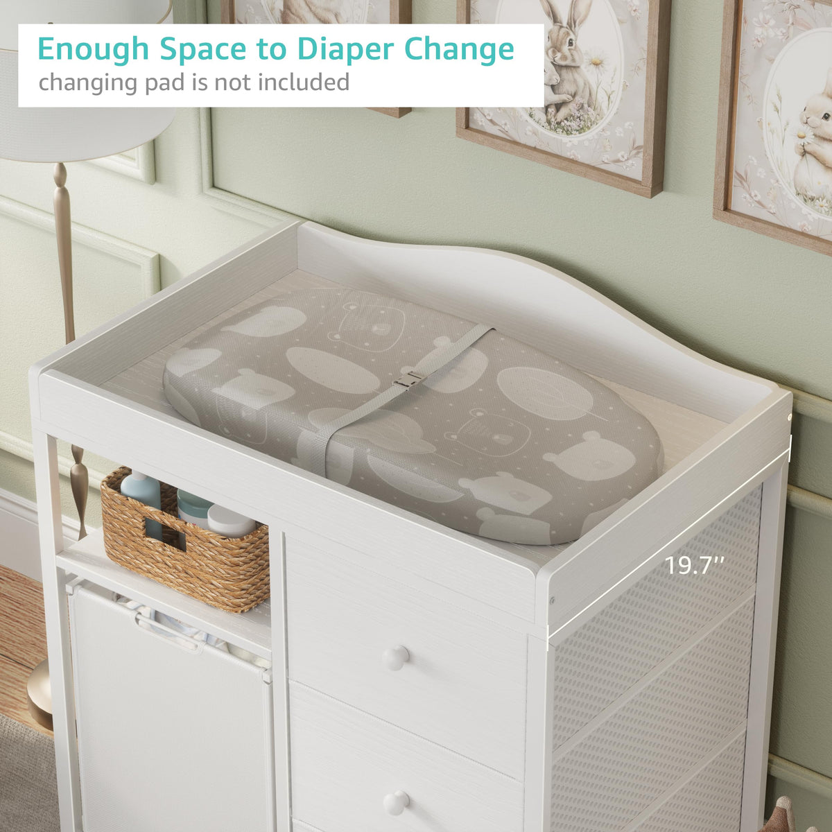 White Changing Table with 3 Fabric Drawers and Laundry Hamper G9502