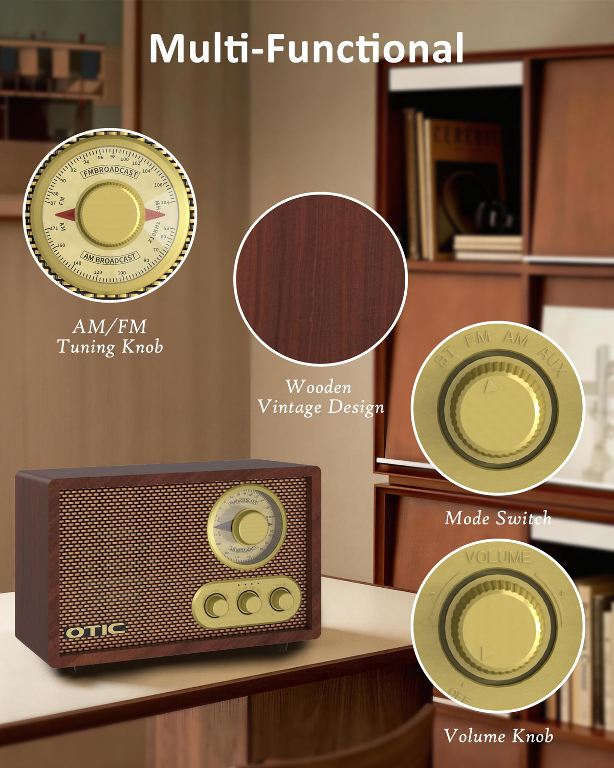 Vintage Wood AM/FM Bluetooth Radio with Speakers C959