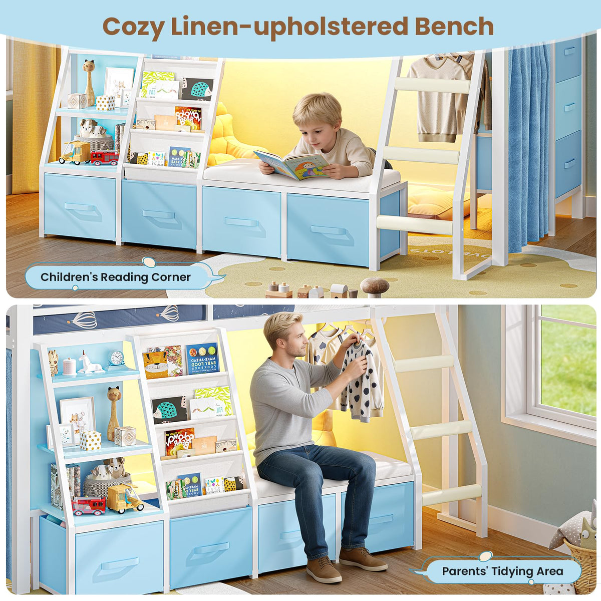 White & Blue Twin Loft Bed with 7 Storage Drawers J382