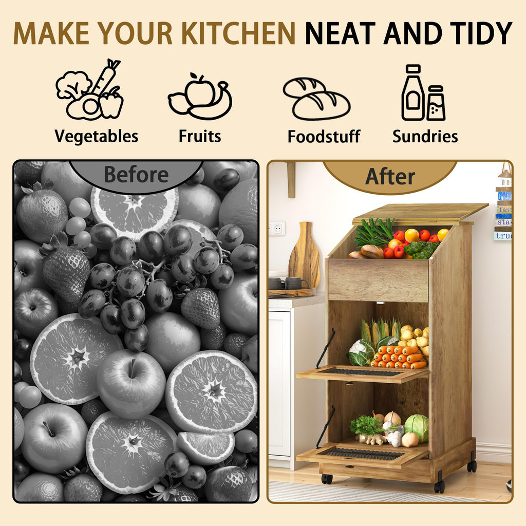 3 Tier Wooden Potato and Onion Storage Bin with Wheels A229345