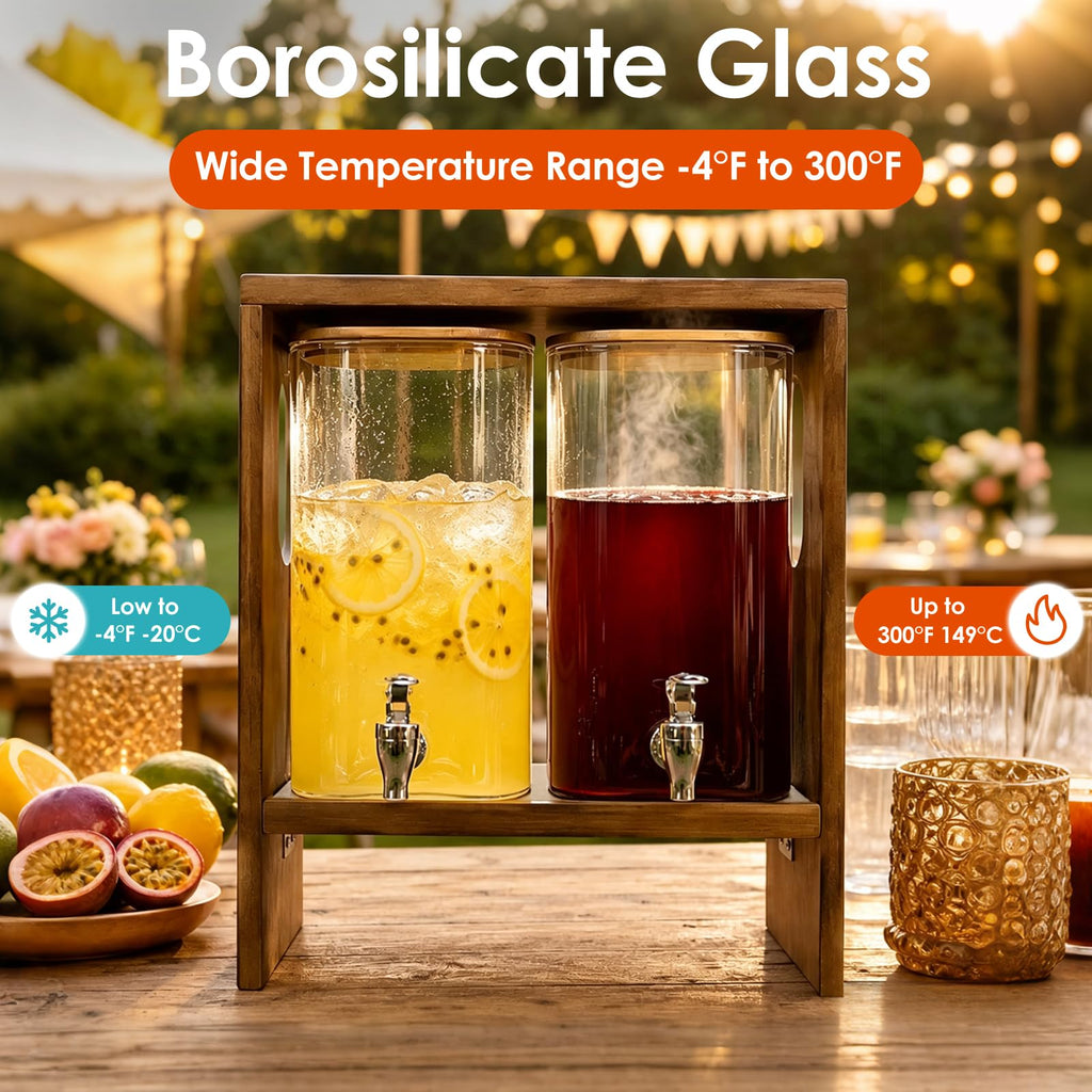 2 PCS 1.2 Gallon Glass Drink Dispenser with Stand and Serving Tray T4056